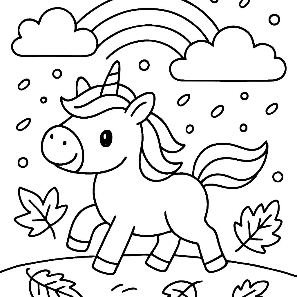 une licorne en automne avec un arc-en-ciel, des confettis et des nuages une licorne en automne avec un arc-en-ciel, des confettis et des nuages