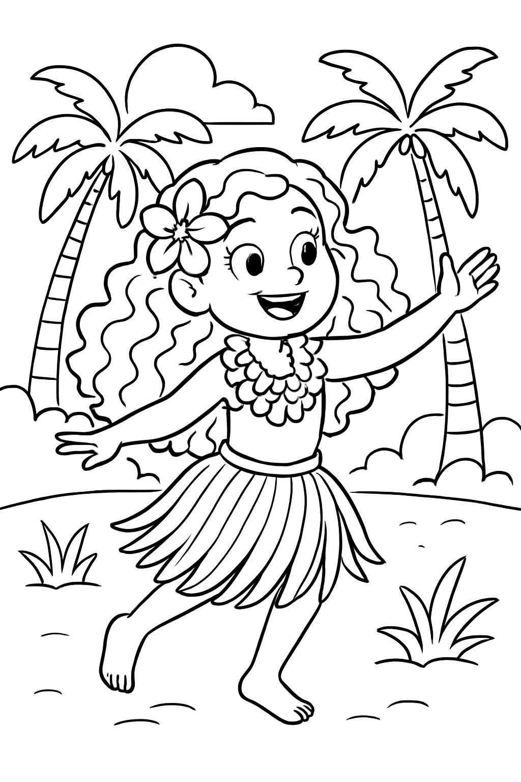 Une fille avec de longs cheveux bouclés dans un costume de hula